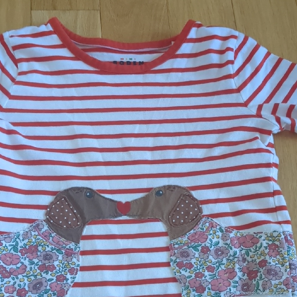 Mini Boden Red and White Striped Tee with Kissing Dachshunds